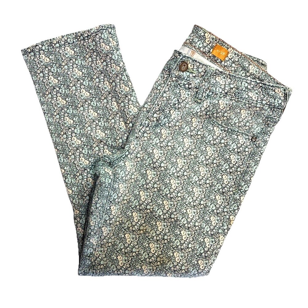Pilcro Anthropologie Printed Floral Cropped Jeans Sz 28 Blue Pink Pastel Cottage